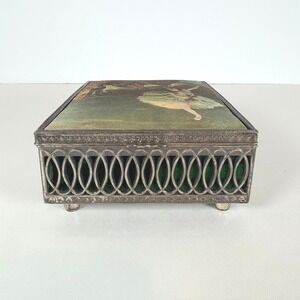 Trinket Box with Ballerina‎ Ornate Silver Tone w/ Hinged Lid jewel tone green